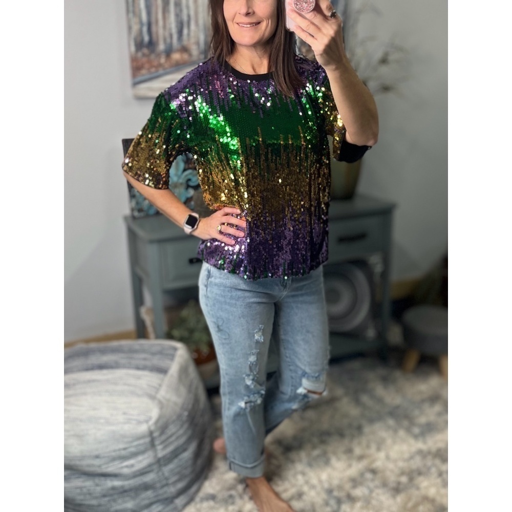 Mardi Gras Sequined Ombre Short Sleeves Cropped Parade Purple Green Gold 0923 - Picture 4 of 9